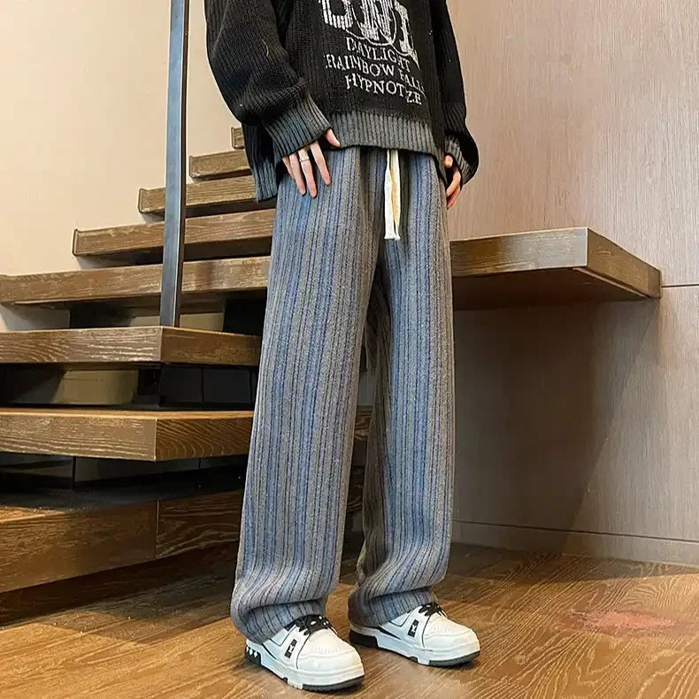 Voguable  All Match Thick Loose Straight Leg Pants with Autumn and Winter Stripes Woolen Drape Casual Casual Pants Men's Retro Pants voguable