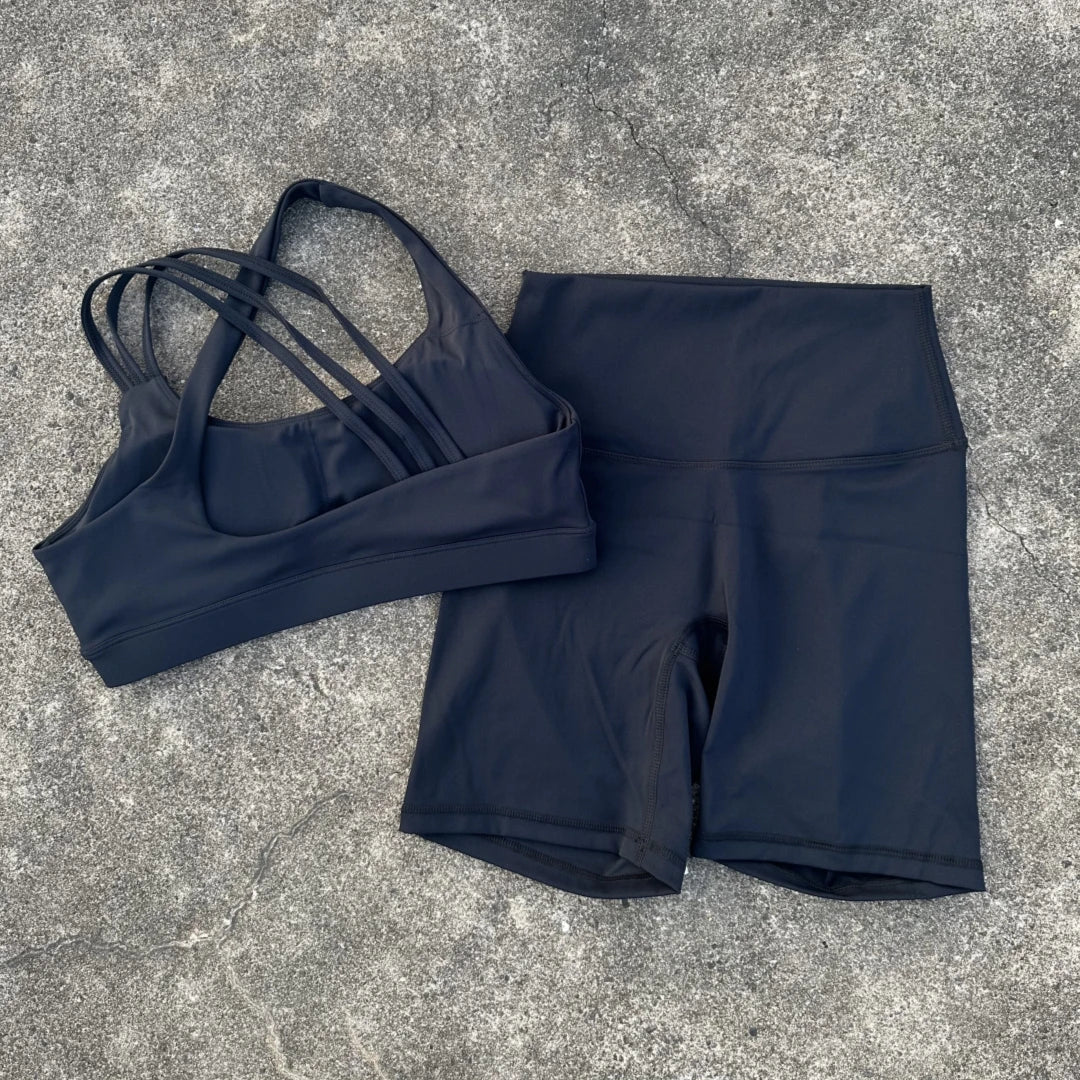Voguable  Solid Color High Waist Gym Yoga Short Legging Set Tight Women Cross Back High Impact Shoulder Strap Fitness Bra Top Sportwear voguable