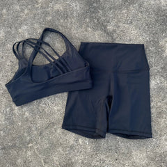 Voguable  Solid Color High Waist Gym Yoga Short Legging Set Tight Women Cross Back High Impact Shoulder Strap Fitness Bra Top Sportwear voguable