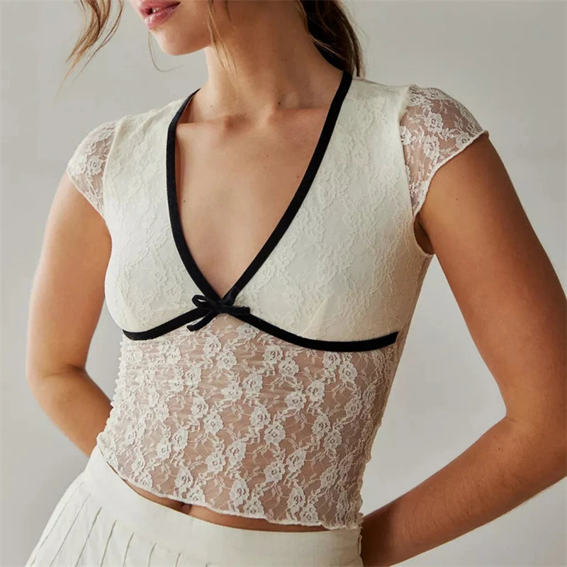 Sheer Crop Top 2000s Women Sexy See Through V Neck Sleeveless Floral Lace Tanks Slim Fit Vest y2k Aesthetic Clothing voguable