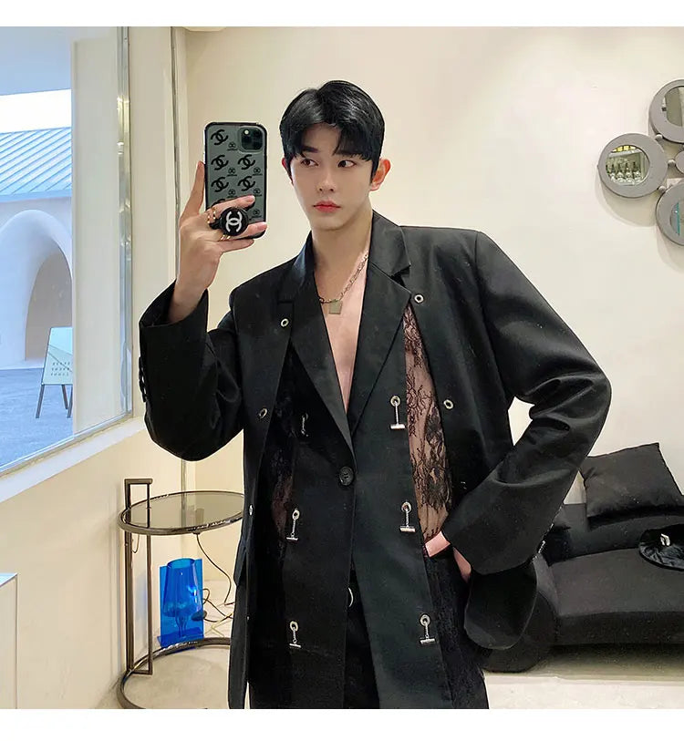 Voguable 2024 Spring Niche Designer Splicing Lace Blazer Outerwear Men's High Street Elegant Original Fashion Suit Jacket voguable