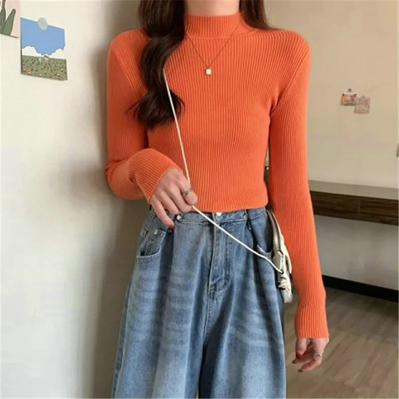 Elegant Solid Basic Knitted Tops Women Turtlneck Sweater Long Sleeve Casual Slim Pullover Korean Fashion Simple Chic Clothes voguable