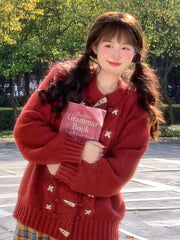 Christmas Red Sweet Cardigan Women Vintage Preppy Style Japan Knitted Sweater Casual Lazy Wind Female Fall Winter Tops New voguable