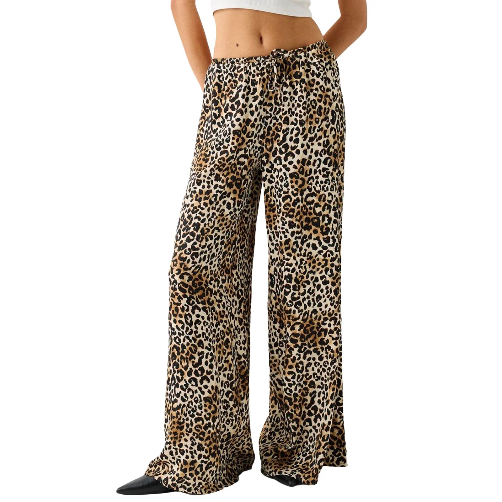 Fashion Vintage Leopard Print Wide-leg Pants Women Casual High-waisted Trouser Spring Summer Office Lady Clothes Streetwear Pbong