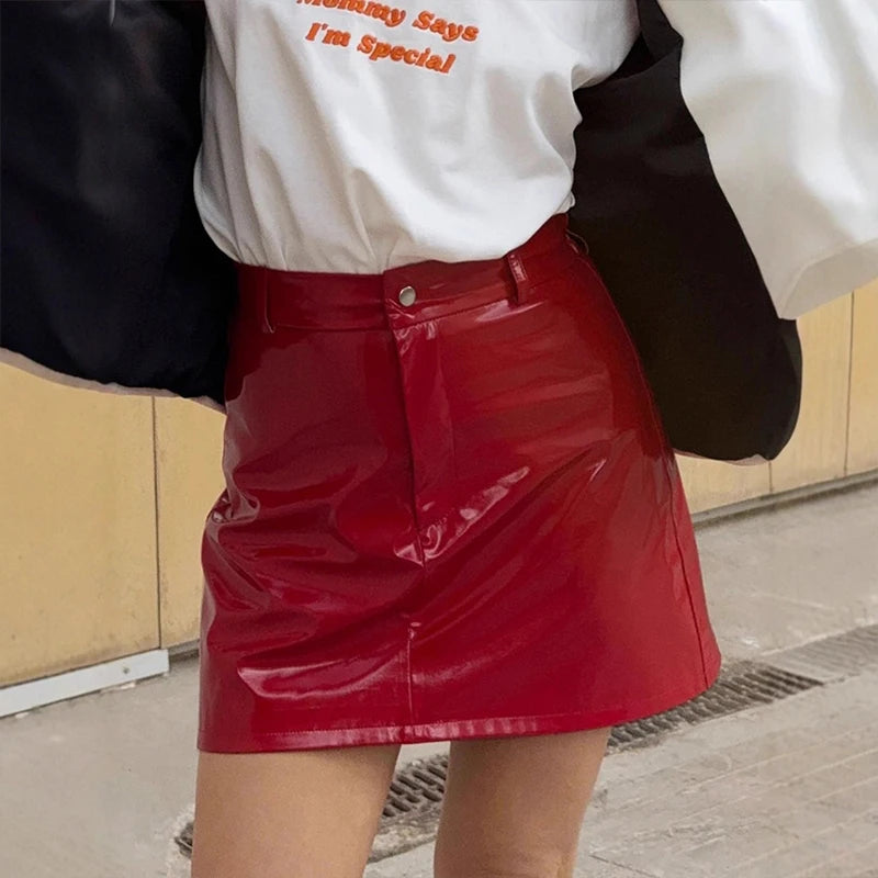 Voguable  Women Y2k Red Bright Faux Pu High Waist Button Mini Skirts Elegant Fashion Slim Fit Party Evening All-match Skirts voguable