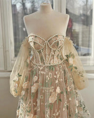 Voguable  Handmade Pearl Beading Prom Dress Princess Puffy Sleeve Evening Dresses Off Shoulder Party Dresses Robe voguable
