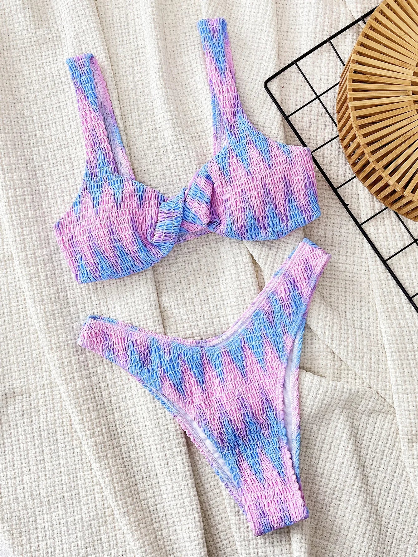 Voguable  Blue Pink Tie Dye Printed Swimsuit for Women Cross Knot Two Piece Bikini Set Suspender Backless Beach Vacation Bathing Suit voguable