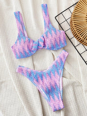 Voguable  Blue Pink Tie Dye Printed Swimsuit for Women Cross Knot Two Piece Bikini Set Suspender Backless Beach Vacation Bathing Suit voguable
