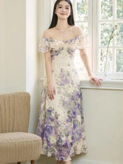 Summer 2025 New Vingeta Printing Dress For Woman Slash-Neck Ruffles Slim Waist Long Dresses Sexy Fashion Holiday Casual Vestidos voguable