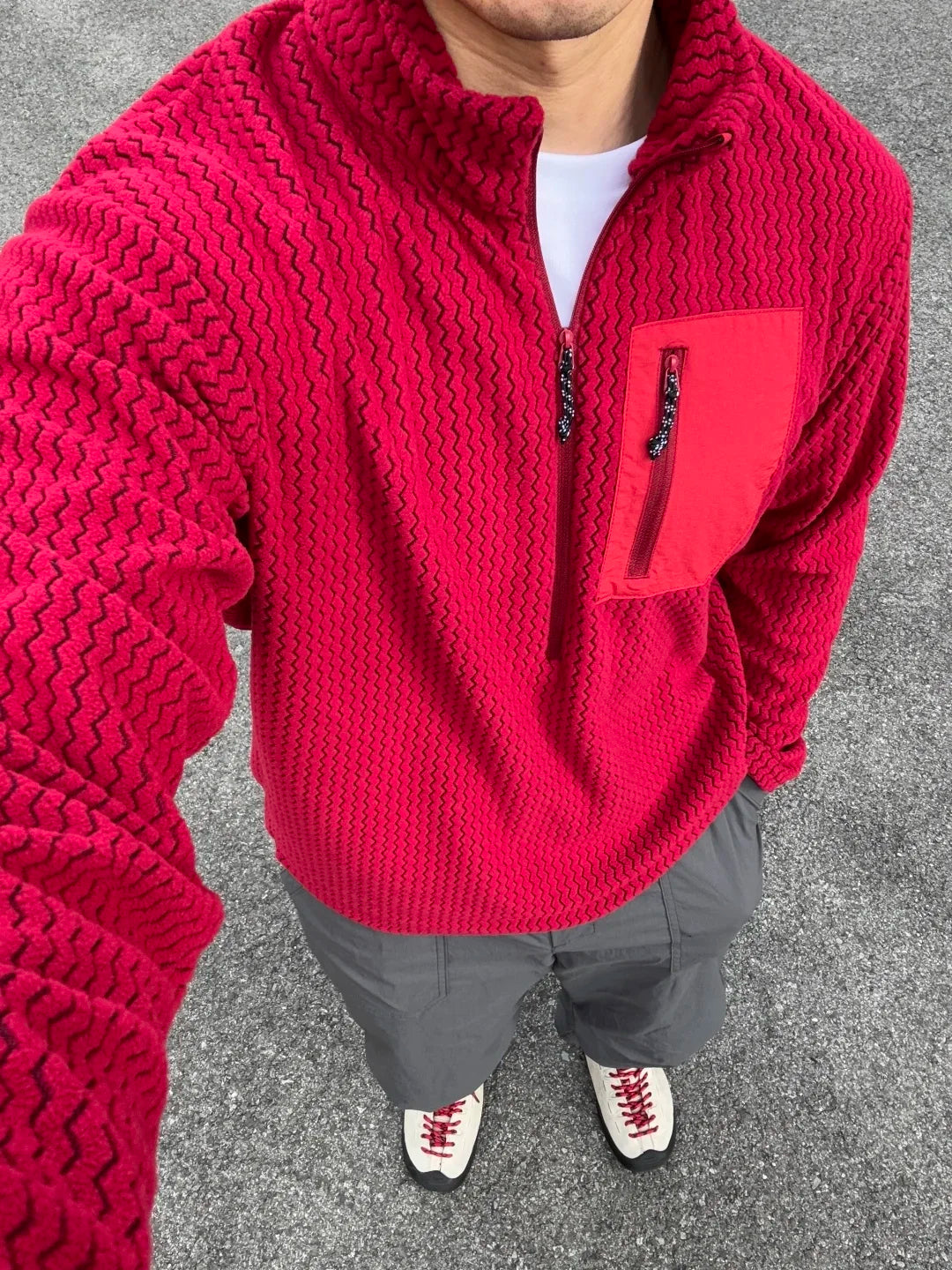 Voguable  Outdoor Half Zipper Fleece Sweatshirt Couple Style Stand Collar Wave Texture Thermal Casual Men's Women's Warm Cardigan Sweater voguable