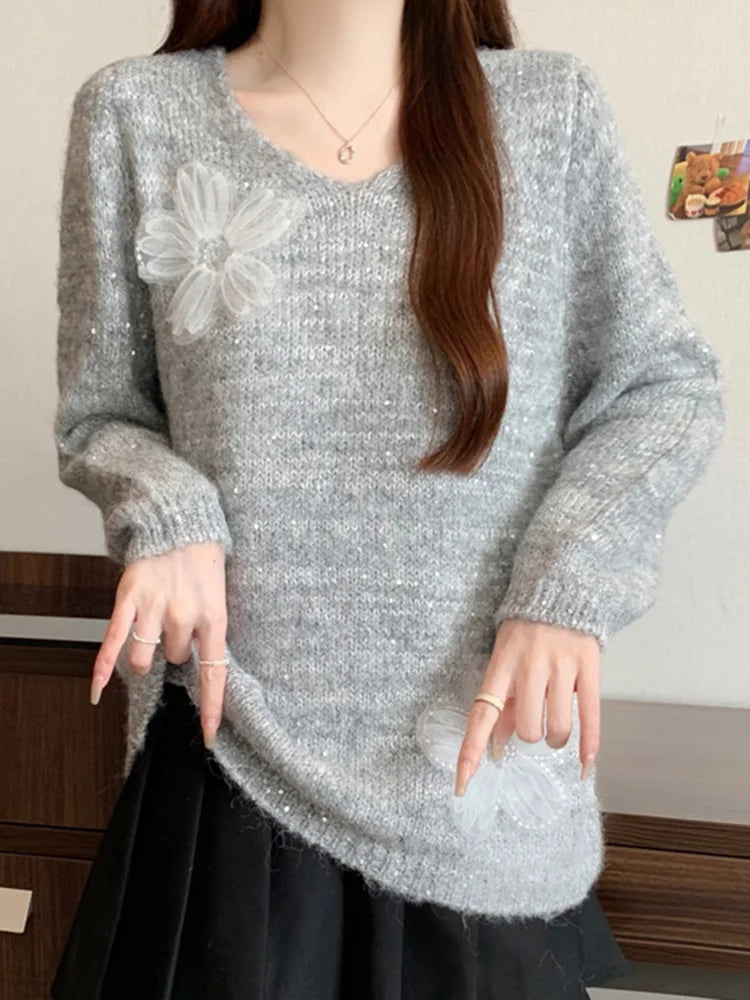 3D Floral Sweet Sweaters Women Loose Fashion V Neck Elegant Knitted Jumper Casual Chic Korean Female Fall Winter Long Sleeve Top voguable