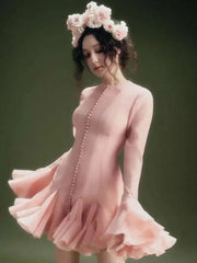 French Niche Women's Dress O Neck Button Flare Long Sleeve Spliced Ruffles Hem Solid Elegant Mini Dress 2025 New voguable