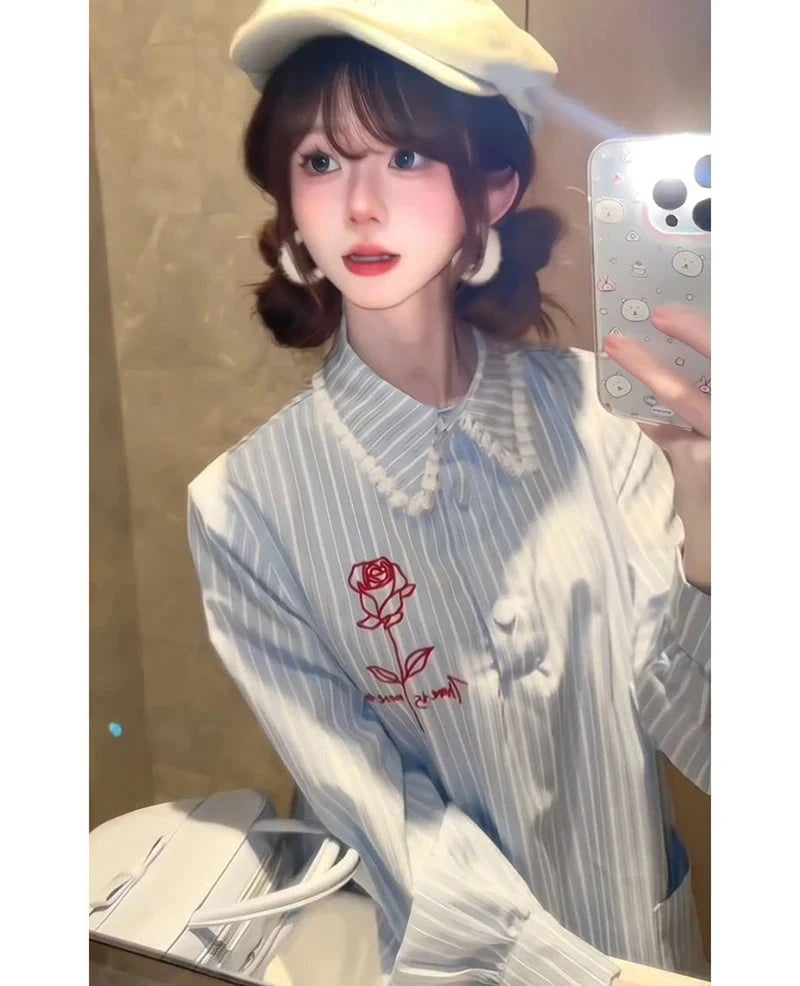 Lace Patchwork Striped Dress Women Sweet Floral Embroidery Mini Dress Fall Preppy Style Long Sleeve Cute Korean A Line Dress New voguable