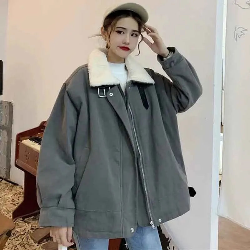 Winter Artificial Rabbit Warm Puffer Jacket Women Korean Loose Long Sleeve Lapel Parka Coats Solid Chic Plush All Match Outwear voguable
