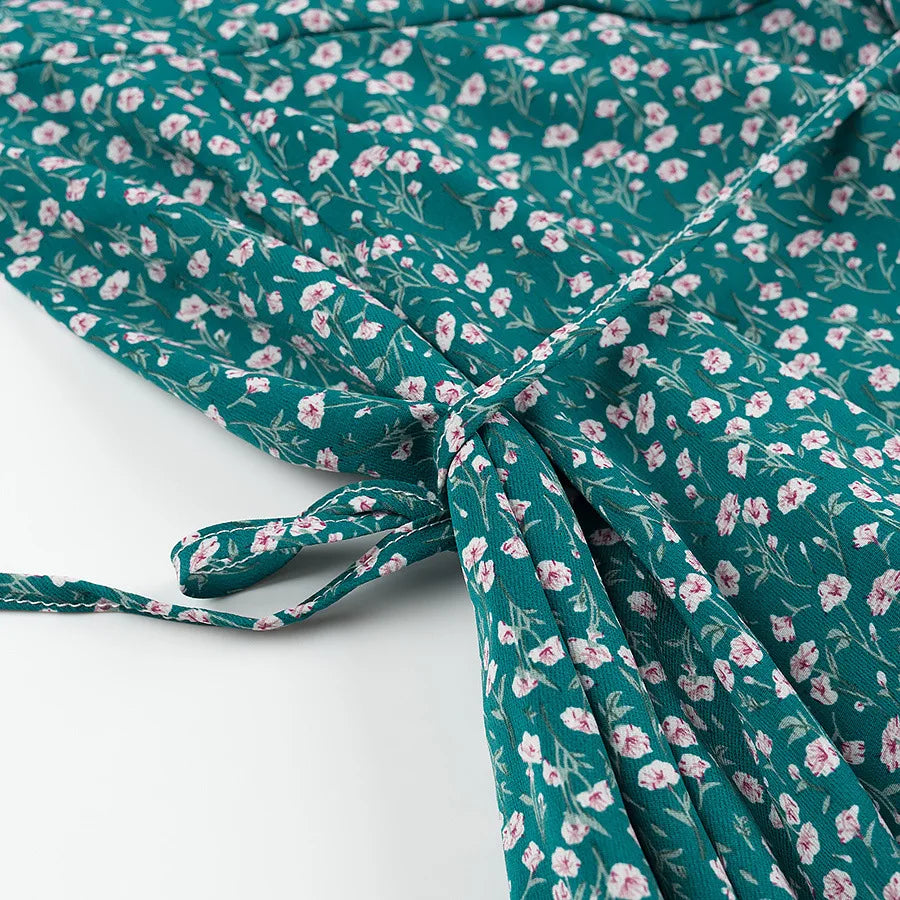 Short Sleeve Floral Print Chic Women Dress Bandage Chic Vacation Casual Summer Dress Chiffon 2025 New High Wasit Female Clothing voguable