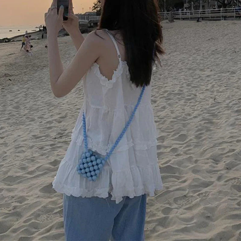 Voguable  Preppy Style Short Tank for Women Summer Ruffles Design White Camisole Woman Japanese Sweet Beach Sleeveless V-Neck Tops voguable