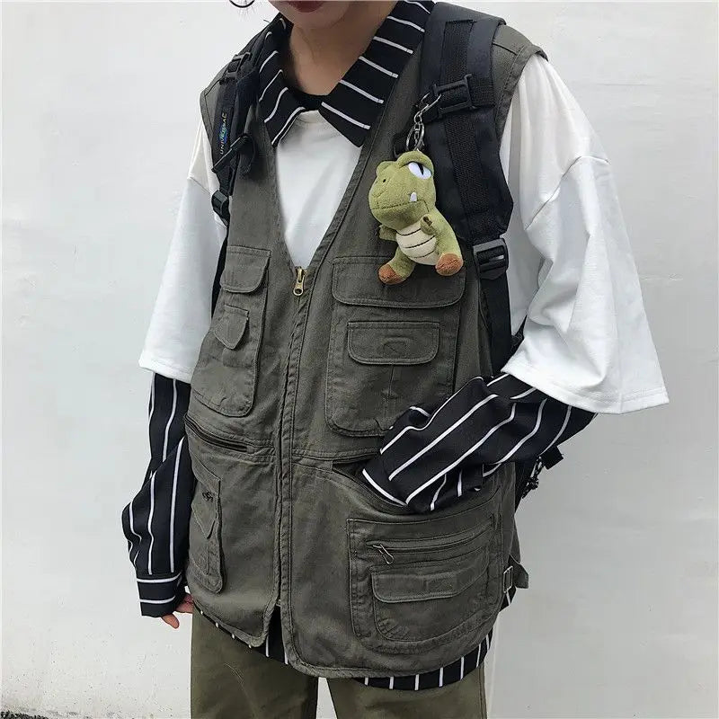 Cargo High-end Vest Korean Style Streetwear Japanese Retro Functional Multi-pocket Work Solid Color Pocket Vest Jacket Aesthetic voguable