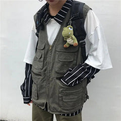 Cargo High-end Vest Korean Style Streetwear Japanese Retro Functional Multi-pocket Work Solid Color Pocket Vest Jacket Aesthetic voguable