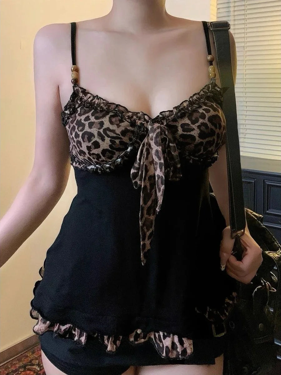 Voguable  American Retro Sexy Spicy Girl Leopard Patchwork Print Ruffle Design Camisole Casual Tank Tops Women Fashion Streetwear Trendy voguable