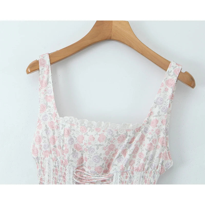 Elegant Women Floral Print Princess Sling Mini Dress Front Bandage Lace Patchwork A-line Summer Dress Holiday Party Robe voguable
