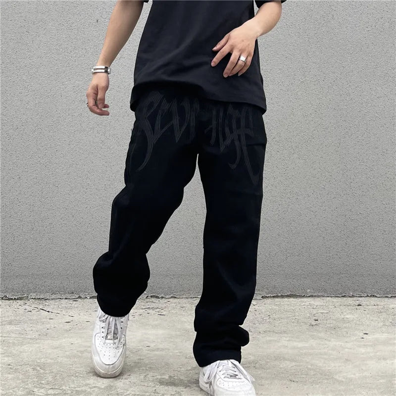 Y2K Black Baggy Jeans Men's New Streetwear American Retro Printed Letter Pants Straight Hip-hop Loose Denim Trousers voguable