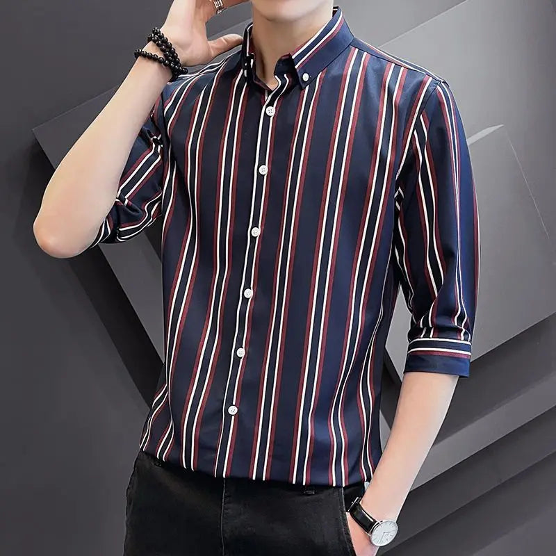 Voguable  Summer Men's Striped Seven Quarter Sleeve Shirt Youth Fashion Korean Version Slim Fit Five Quarter Sleeve Shirt voguable