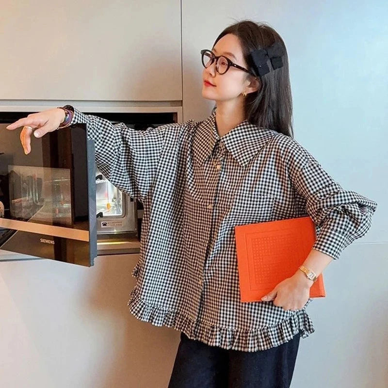 Vintage Black Plaid Shirt Women Loose Sweet Preppy Style Long Sleeve Blouse Fall Casual Retro Cute All Match Female Tops New voguable