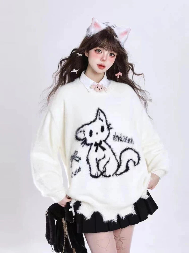 Kawaii Hole Sweet Sweaters Women Vintage Faux Mink Cashmere Cartoon Knitted Jumper Preppy Style Cute Japan Lazy Wind Tops voguable