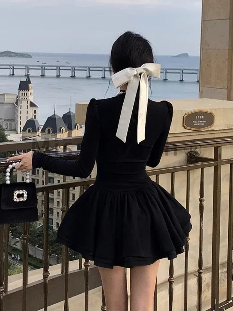 Winter Hepburn Party Mini Dress Women Patchwork Black Slim Vintage Mini Dress Female Korean Fashion Elegant One Piece Dress 2023 voguable