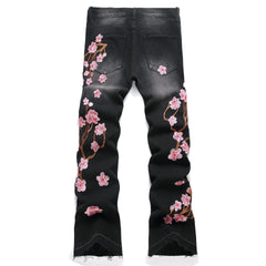 Voguable  Men's high-street ripped jeans with floral embroidery patchwork, trendy street-style distressed flared jeans voguable