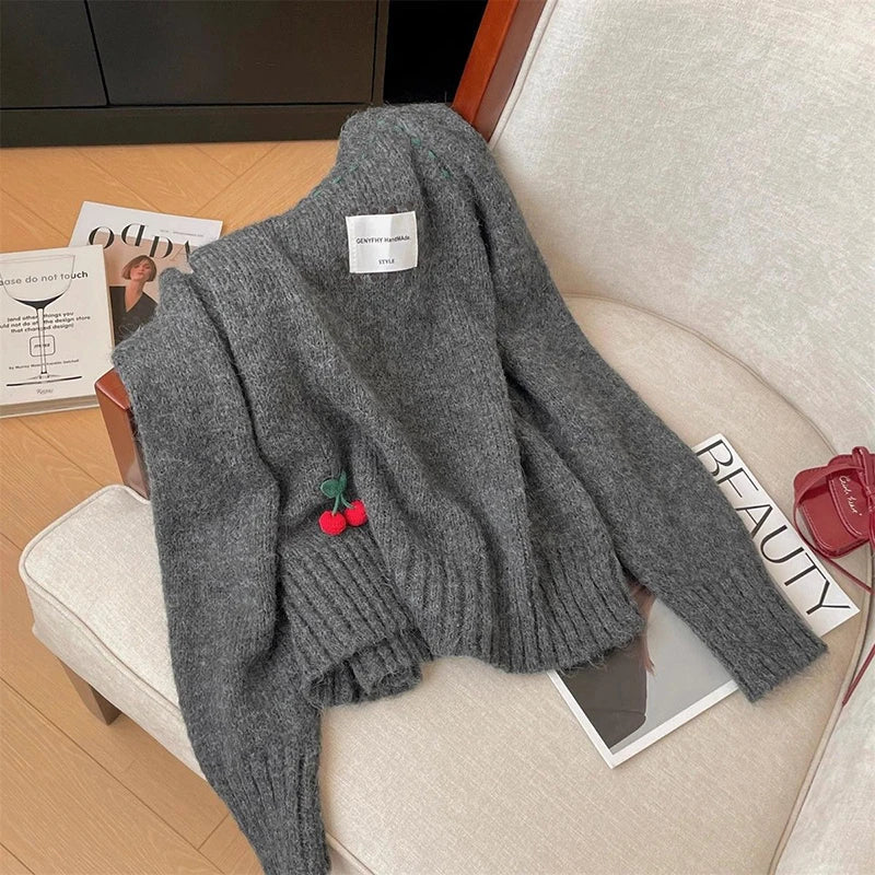 Cute 3D Cherry Sweaters Women Lazy Wind Long Sleeve Knitted Jumpers Japan Loose O Neck Female Kawaii Sweet Pullovers Tops voguable