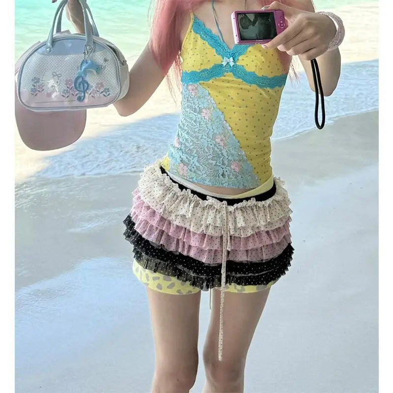 Y2k Vintage Mini Skirt Women Japanese Style 2000s Harajuku Polka Dot Layered Short Skirt Kawaii Fashion Ruffles Skirts voguable