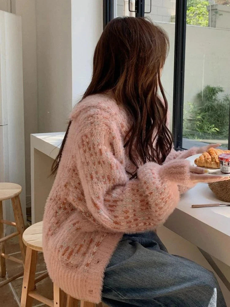 Mohair Sweet Pink Cardigan Sweater Women Elegant Lazy Wind Chic Knitted Coat Loose Long Sleeve Fashion High Quality Tops voguable