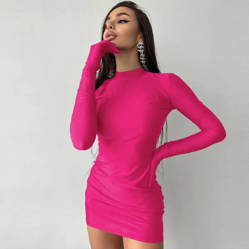 Solid Long Sleeve With Gloves Mini Dress Bodycon Sexy Streetwear Party Half Turtleneck Outfits Y2K Clothes Wholesale voguable