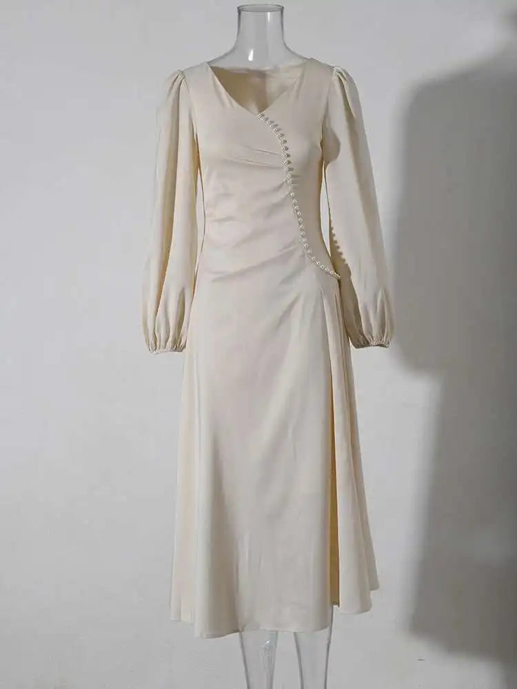 Classic French Dress Women's Long Sleeve V-neck Beaded Slim Solid Color Female Dresses Fashion Summer New voguable