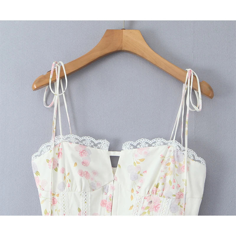 Sexy Elegant Women Lace Patchwork Floral Print Sling Mini Dress Low Waist A-line Summer Holiday Party Dresses Pretty Robe voguable