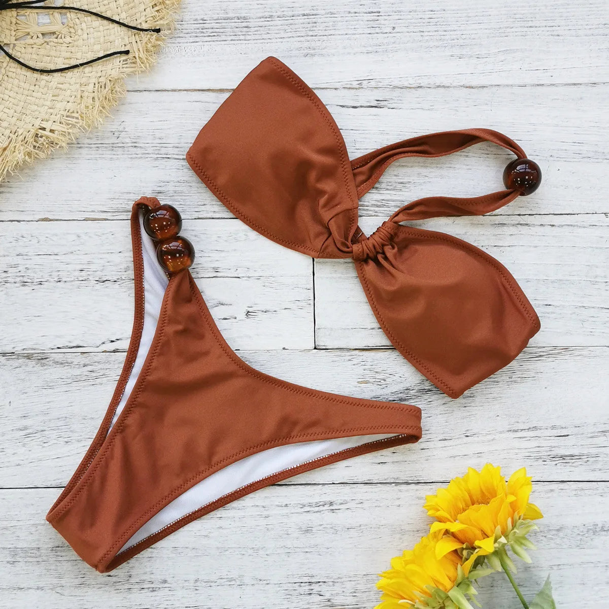 Voguable  Sexy One Shoulder Bikinis Sets Women Coffee Pleate Push Up Micro Swimsuit Summer Bathing Suit Bead String Thong Swimwear voguable