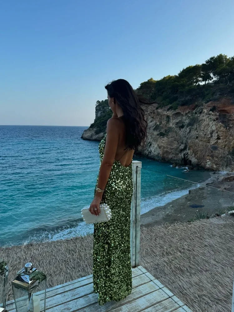 Women's Green Sequin Backless Sling Dress Sexy Sleeveless Off Shoulder Slim Vestidos Elegant Female Evening Party Long Robes voguable