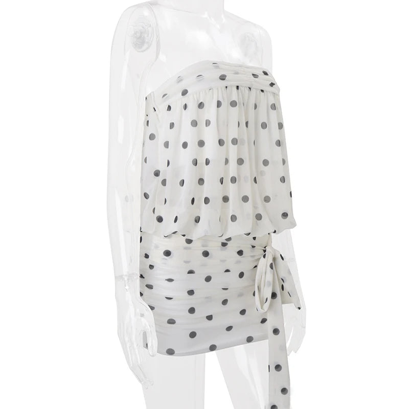 Voguable  Women's Vintage Polka Dot Chiffon Mesh Mini Dress Strapless Pleated Tie Up Bowkont Sheath Cute Girl Night Club Vestidos voguable