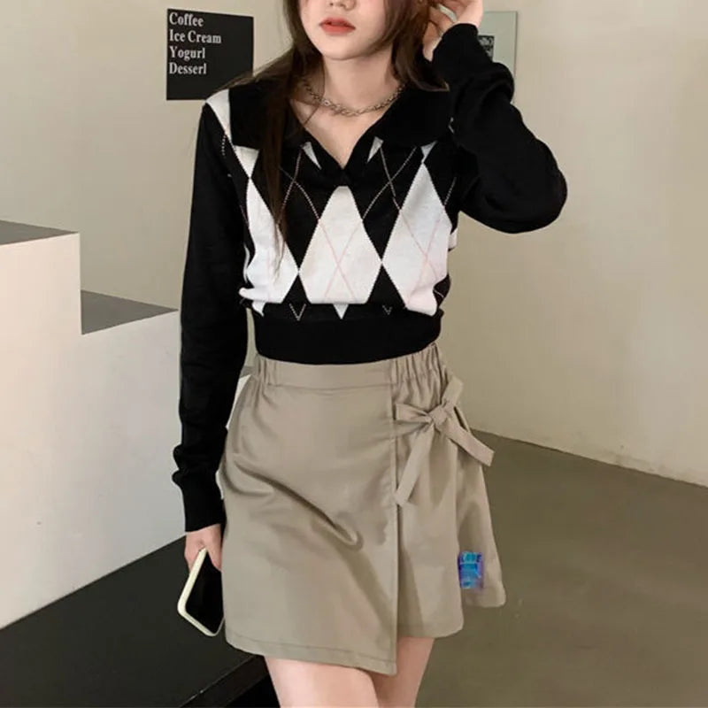 Autumn Winter Women Sweater Korean Fashion Lazy Wind Polo Collar Lingge Contrast Color Loose Long Sleeve Pullovers Knitted Tops voguable