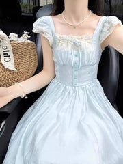 Voguable  Summer Sweet Fly Sleeve Blue Bownot Fairy Dress Slim French Style Patchwork Lace Dress A-line Women Casual Dress voguable