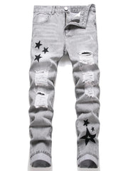 Voguable  Y2K Men's Jeans - Fashionable Gray Mid-Rise Straight-Leg, Ripped Embroidered Vintage Washed Street Denim voguable