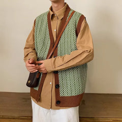 Sweater Vest Men Retro Handsome Knitwear High Street Fashion Clothing Harajuku All-match Autumn Cool Teens V-neck Kpop Japanese voguable