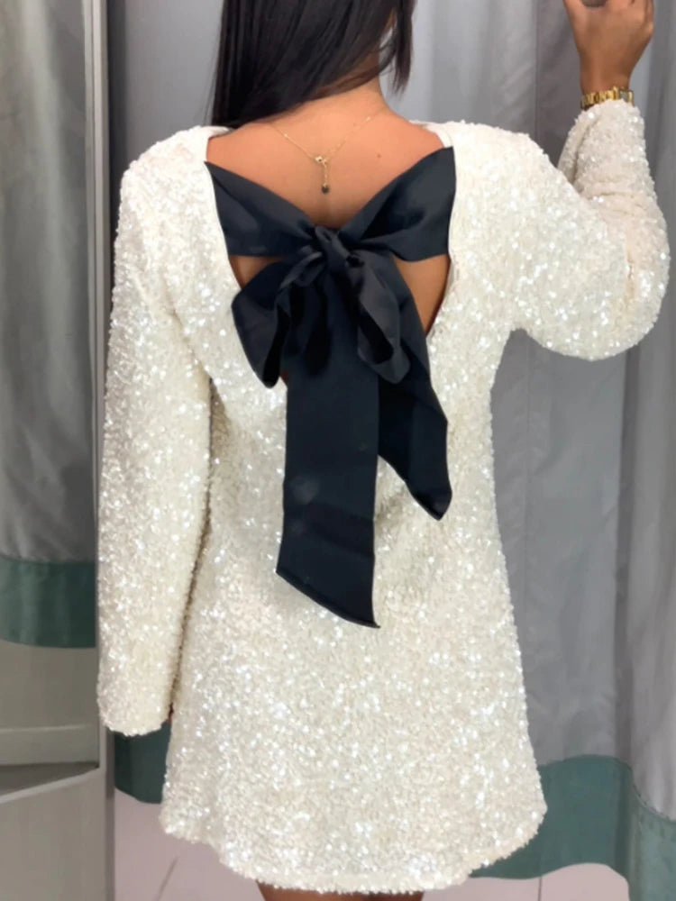 Fashion Shining Sequin Mini Dress For Women Long Sleeve Bowknot Chic Short Dresses Female Elegant Holiday Evening Party Looks voguable