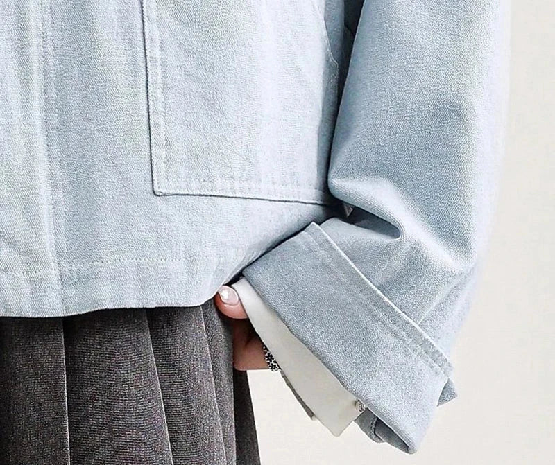 Blue Cargo Jacket Women Sweet Preppy Style Long Sleeve Retro Coat Casual Patchwork Turn Down Collar Korean Fall Outwear Top voguable