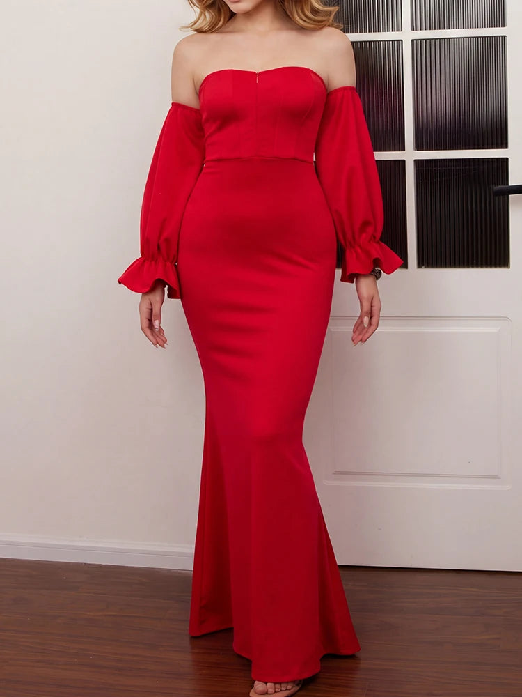 Voguable  Modern Evening Dress Strapless Lantern Sleeves Women's Evening Gowns Fish Tail Wrapped Hip Style Simple Formal Party Dresses voguable
