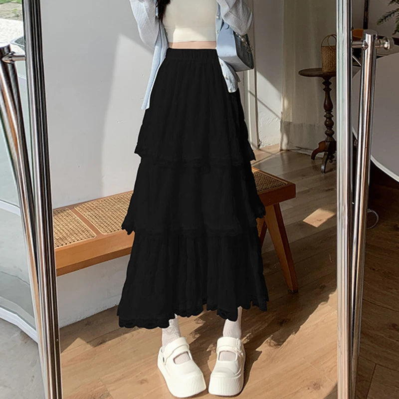 Voguable  Sweet Lace Ruffles Long Skirt Women Summer Cute Puff Cake A Line Skirt Woman Korean Style High Waist White Chiffon Tulle Skirt voguable