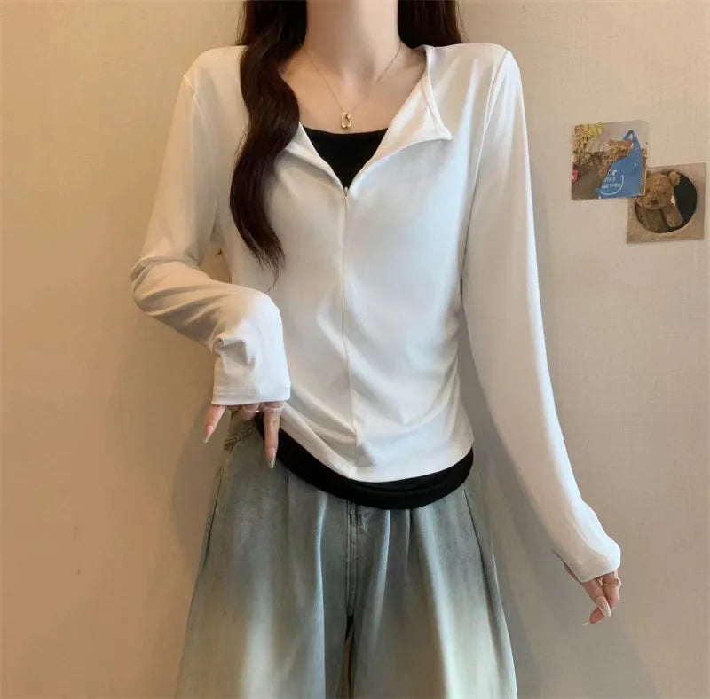 Long Sleeve T Shirt Women Fashion Fake Two Pieces Patchwork Basic Slim Zipper Slimming Bottoming Shirt Retro Red Casual T-shirt voguable