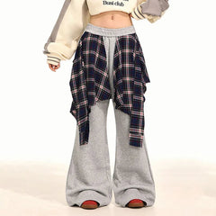 American Trend Plaid Patchwork Skirt Hem Sweatpants Autumn Women Elastic High Waist Fashion Loose Wide Leg Floor Length Trouser voguable