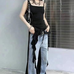 Sexy Tank Top Asymmetrical Black Y2k Women Ruffle Grunge Backless Coquette Fashion Streetwear Tops Solid Aesthetics voguable